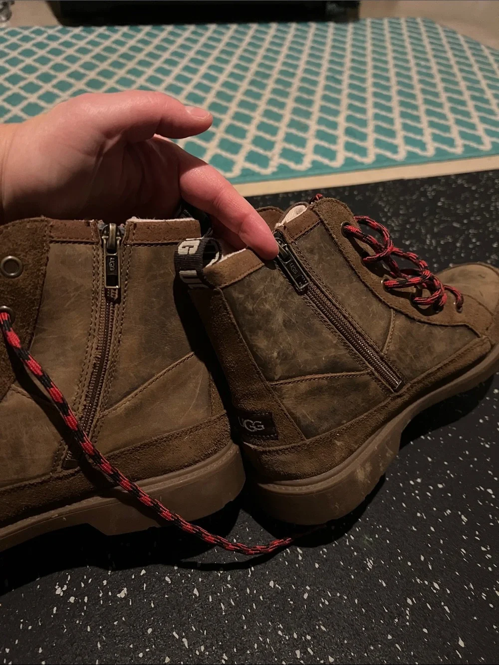 UGG Kids Brown Suede Lace-Up Boots with Red-Black Laces